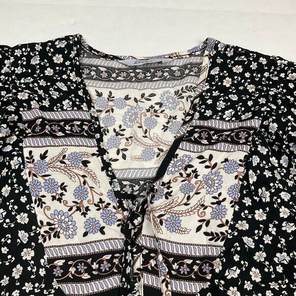 Kelso Womens Peasant Top Floral Neck Tie V-Neck Puff 3/4 Sleeve Blouse Large - Picture 2 of 11